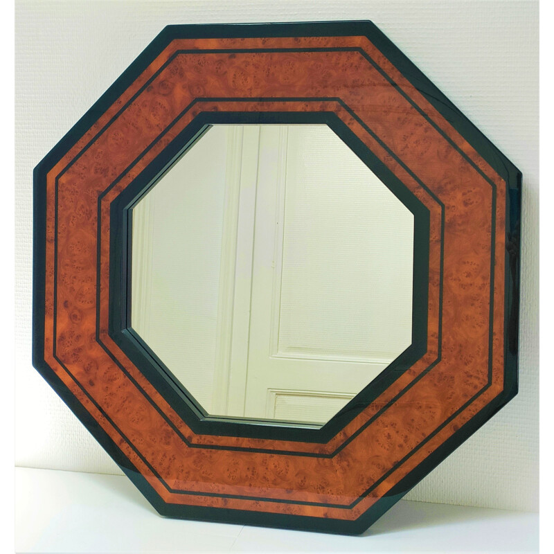 Espejo octogonal de madera vintage de Jean-Claude Mahey, 1970