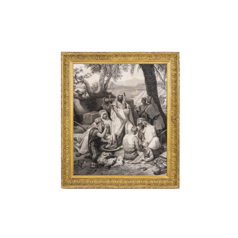 Vintage engraving "La halte" with gilded stucco frame by Horace Vernet, 1830s