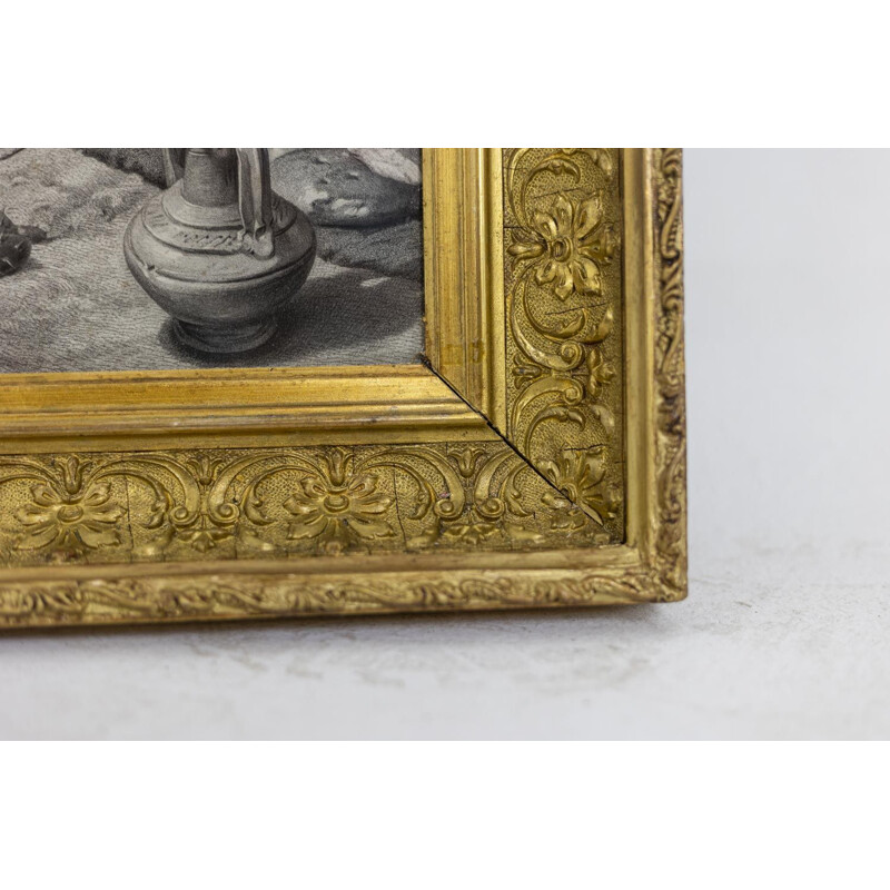 Vintage engraving "La halte" with gilded stucco frame by Horace Vernet, 1830s