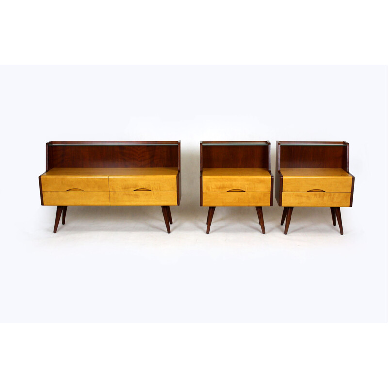 Set of 3 mid-century wood night stands, Czechslovakia 1960s