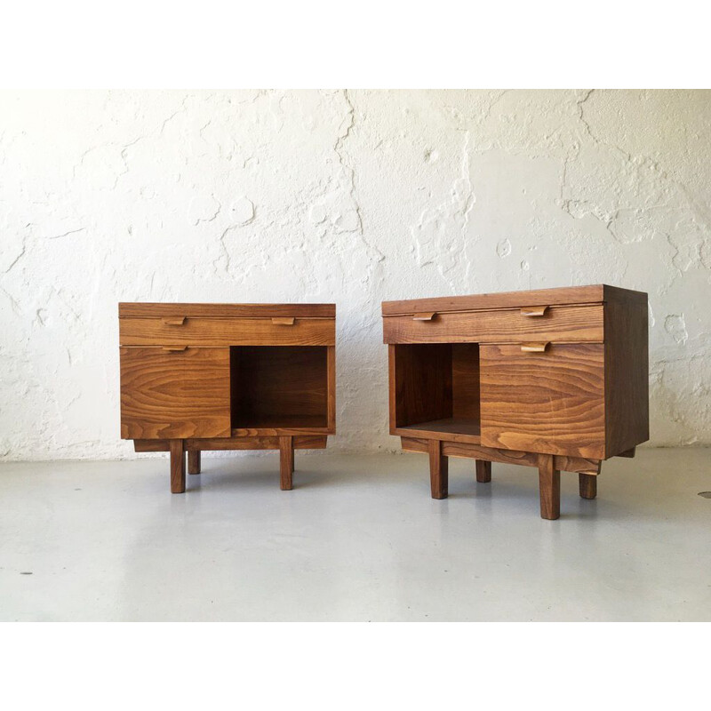 Pair of vintage night stands with drawers and compartment, 1970s