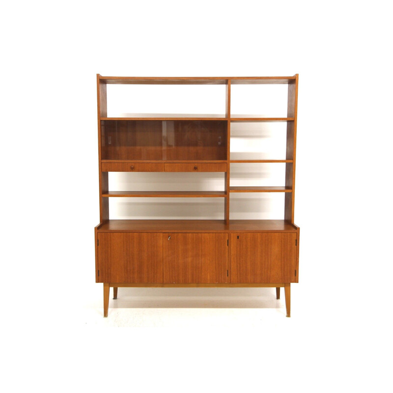 Vintage teak bookcase with sliding glass doors, Sweden 1960