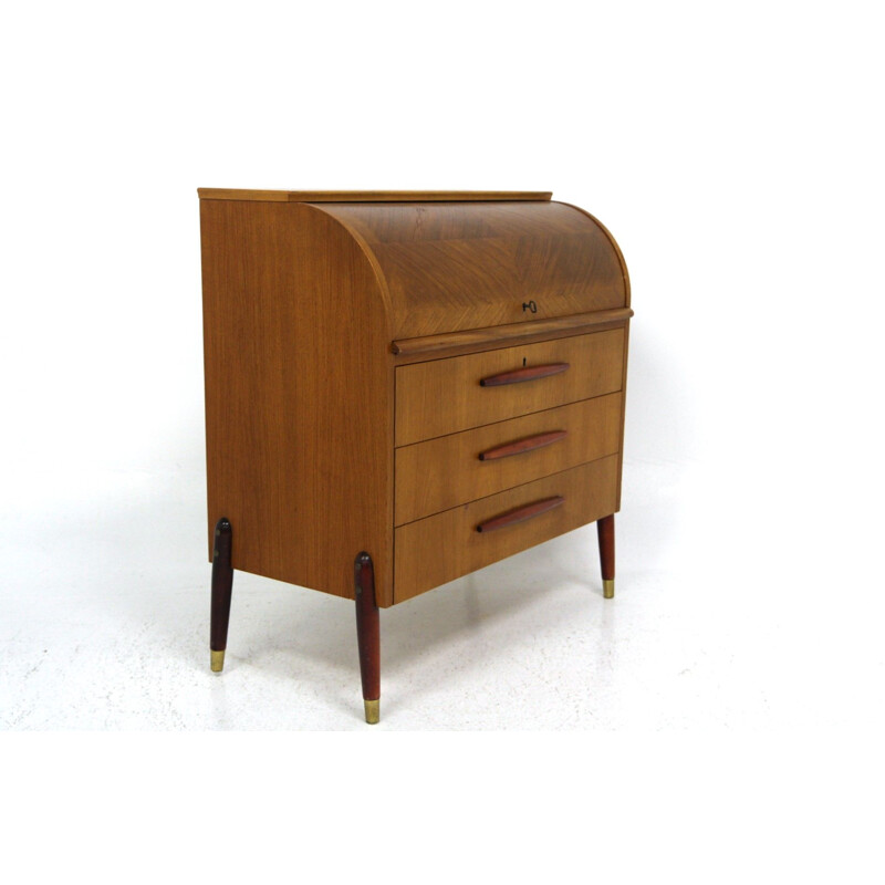 Vintage teakhouten bureau met beukenhouten poten en handgrepen van Bröderna Gustafssons Träindustri, Zweden 1950