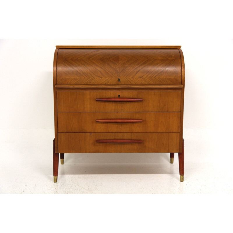 Vintage teak desk with beech legs and handles by Bröderna Gustafssons Träindustri, Sweden 1950