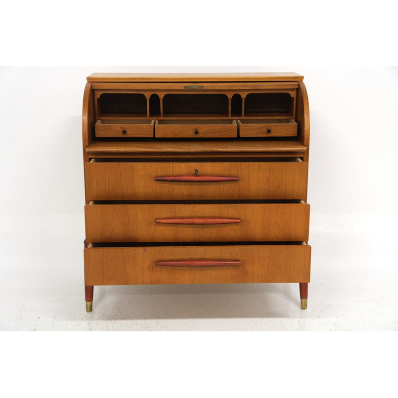 Vintage teak desk with beech legs and handles by Bröderna Gustafssons Träindustri, Sweden 1950