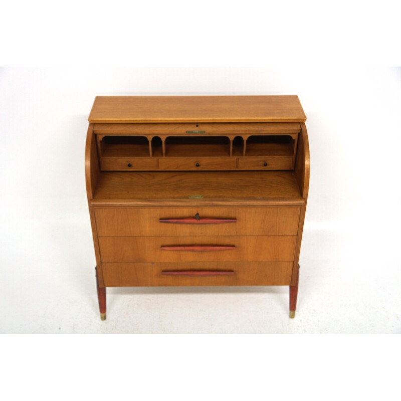 Vintage teak desk with beech legs and handles by Bröderna Gustafssons Träindustri, Sweden 1950