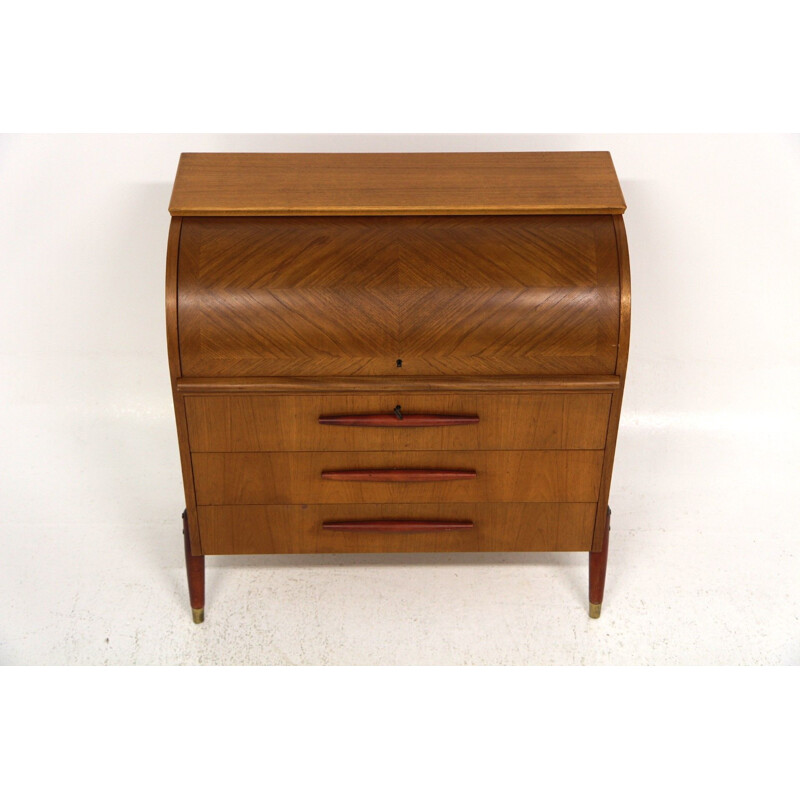 Vintage teak desk with beech legs and handles by Bröderna Gustafssons Träindustri, Sweden 1950