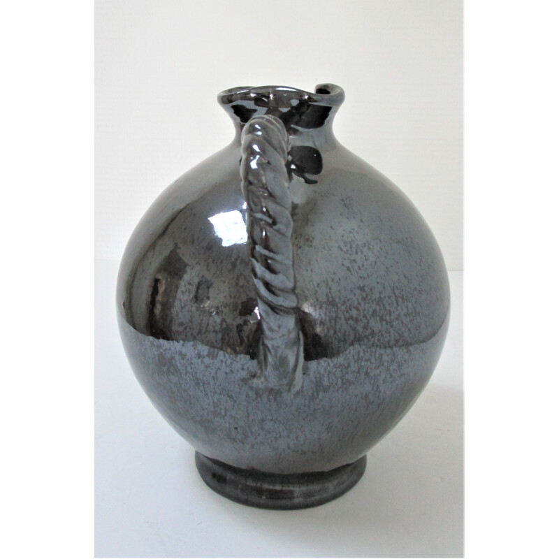 Vintage ceramic pitcher with black pearl glaze by Reinhold Rieckmann