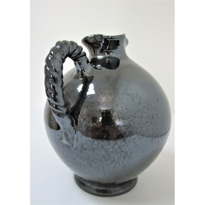 Vintage ceramic pitcher with black pearl glaze by Reinhold Rieckmann