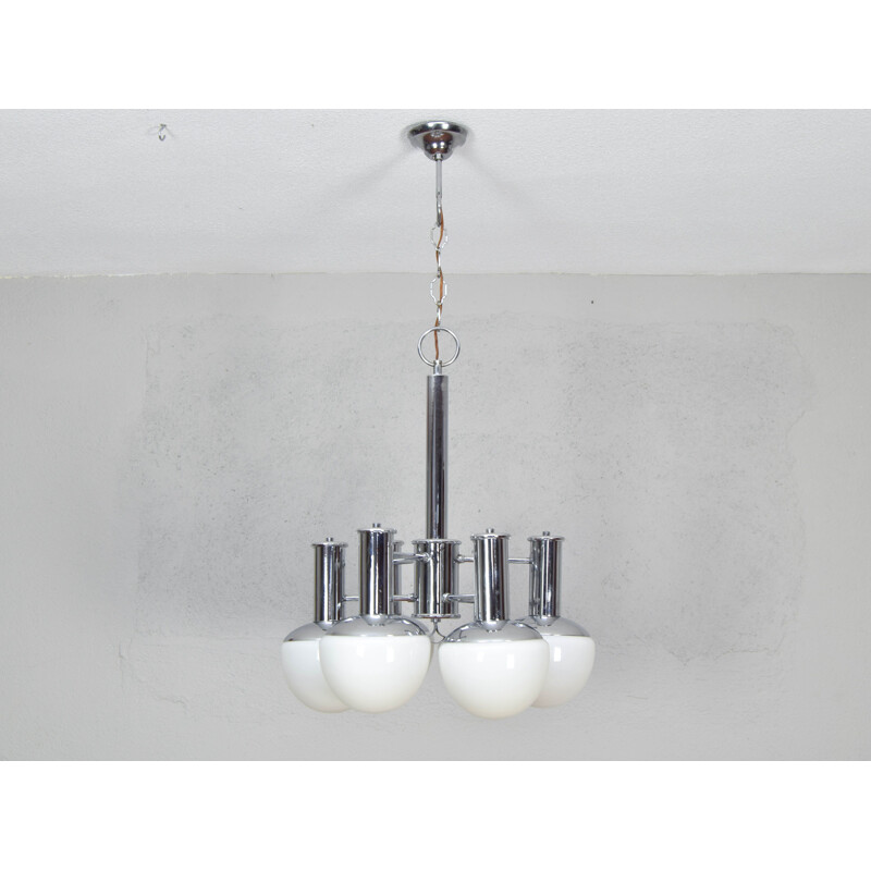 Mid century opaline and chrome Italian chandelier