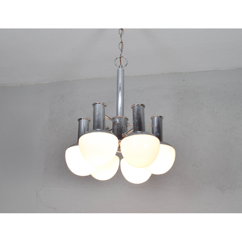 Mid century opaline and chrome Italian chandelier