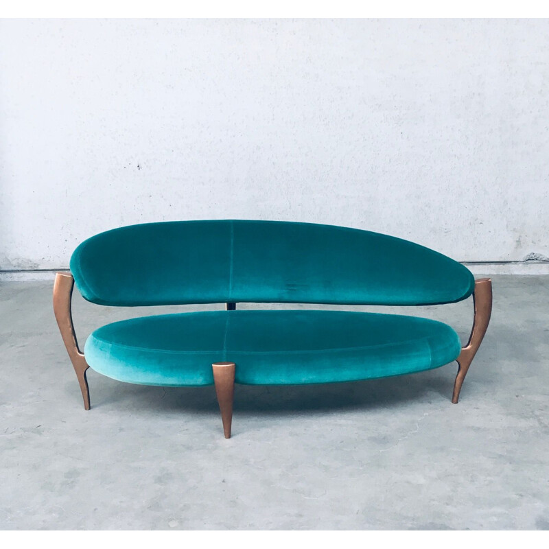 Italian vintage floating curved sofa with sculptural copper base, 1990s