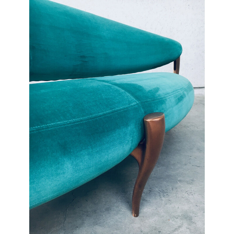 Italian vintage floating curved sofa with sculptural copper base, 1990s