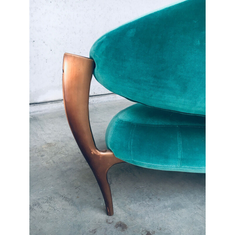 Italian vintage floating curved sofa with sculptural copper base, 1990s