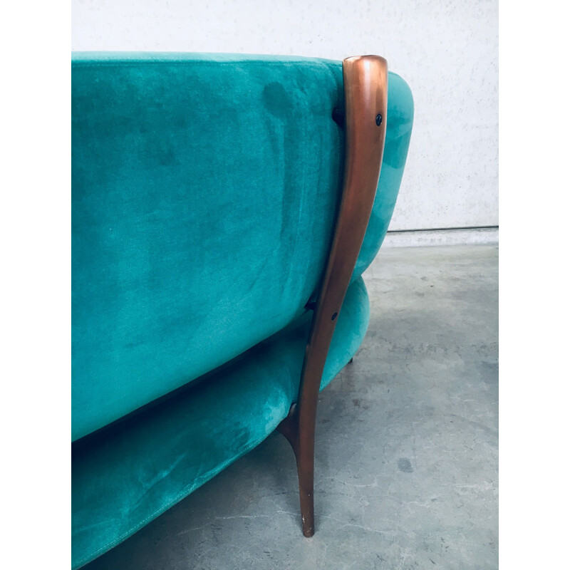 Italian vintage floating curved sofa with sculptural copper base, 1990s