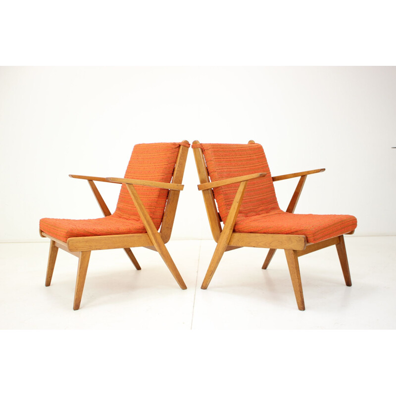 Pair of vintage armchairs in fabric and wood, Czech 1960