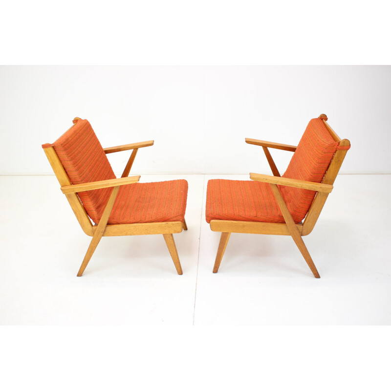 Pair of vintage armchairs in fabric and wood, Czech 1960