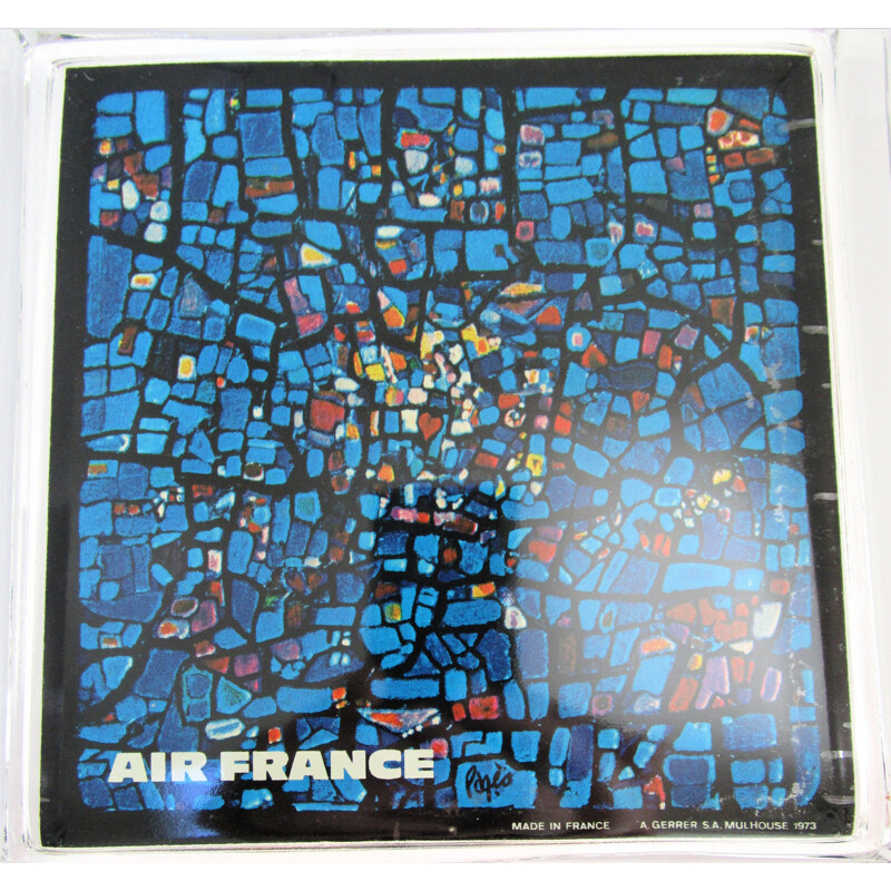 Vintage Air-France reclame asbak in glas met blauwe decoratie, 1973