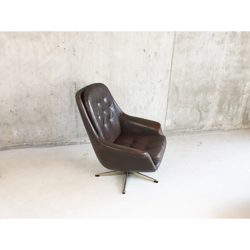 Fauteuil scandinave en cuir et acier chromé - 1970