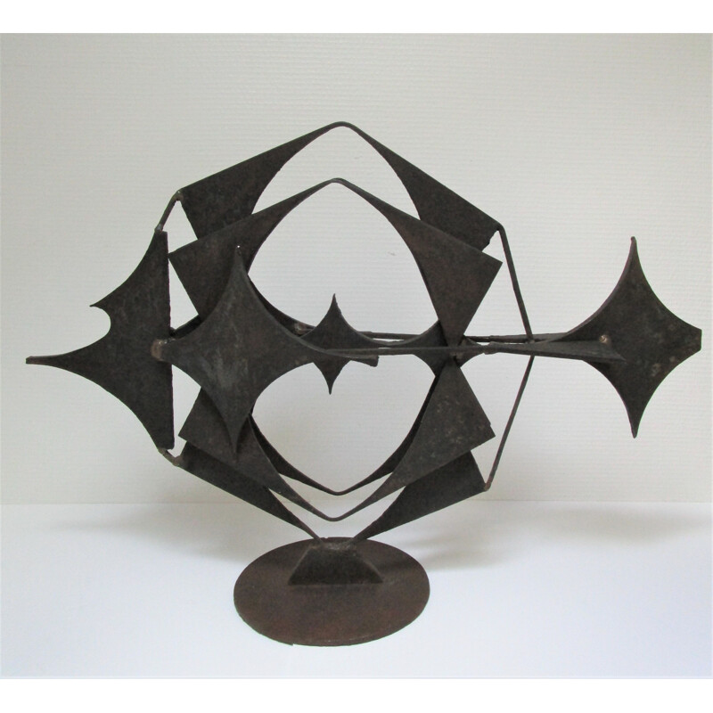 Vintage fish sculpture in patinated steel, 1970