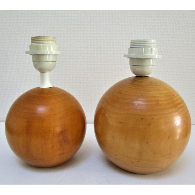 Coppia di lampade a sfera vintage in legno massiccio di Imt, Italia 1980-1990