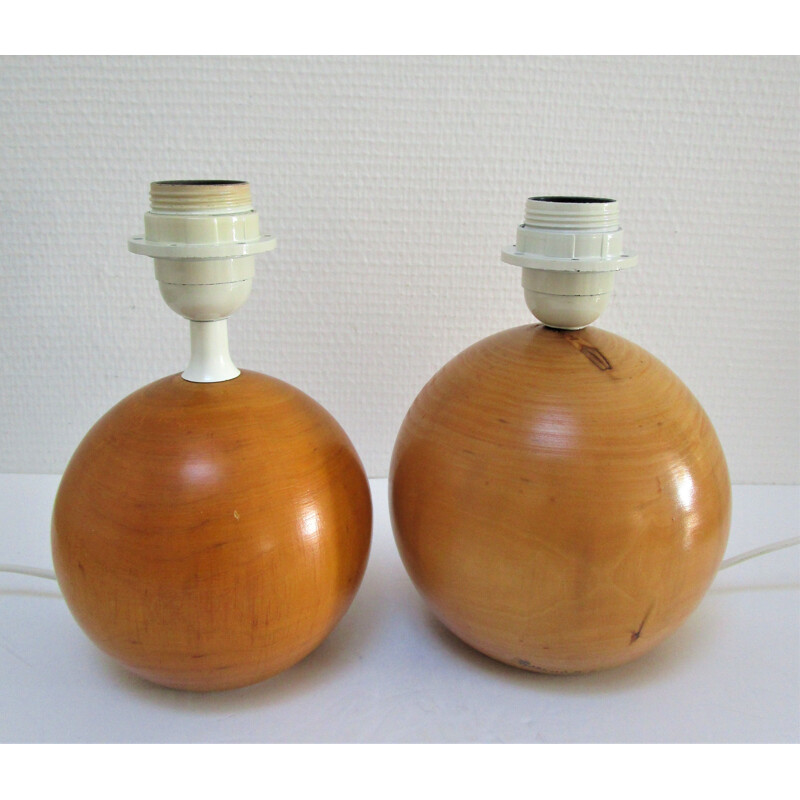 Pareja de lámparas de bola de madera maciza vintage de Imt, Italia 1980-1990