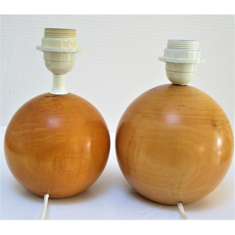 Par de candeeiros de bola de madeira maciça vintage por Imt, Itália 1980-1990