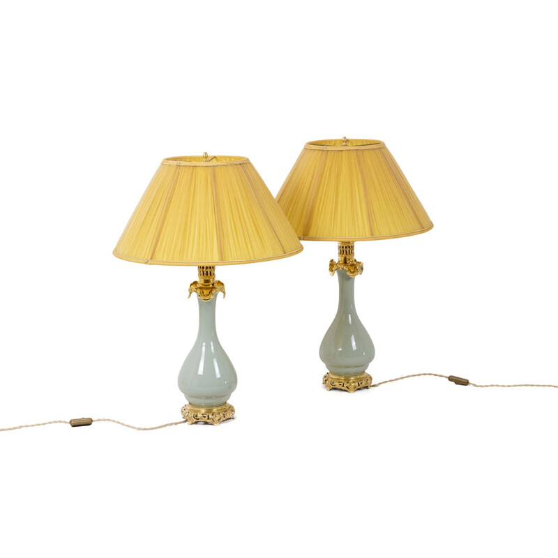 Ein Paar Vintage-Lampen aus Seladon-Porzellan und Bronze, 1880