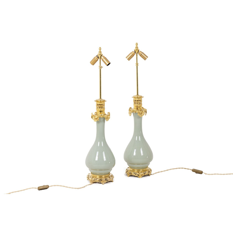 Pair of vintage celadon porcelain and bronze lamps, 1880