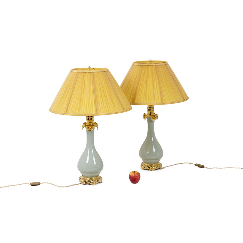 Pair of vintage celadon porcelain and bronze lamps, 1880