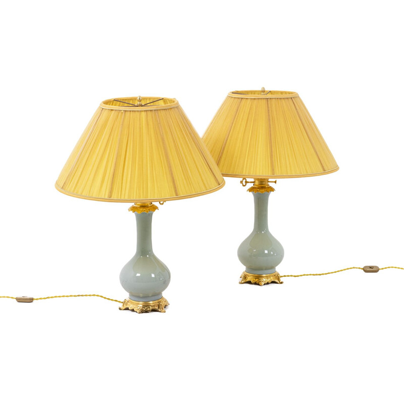 Ein Paar Vintage-Lampen aus Seladon-Porzellan und vergoldeter Bronze, 1880