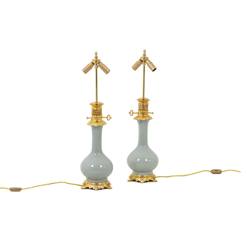 Paire de lampes vintage en porcelaine céladon et bronze doré, 1880