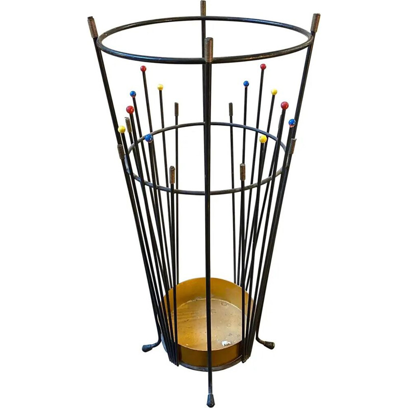 Mid century Sputnik iron and brass umbrella stand, Italy 1960s