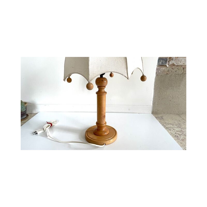 Vintage houten lamp met stoffen kap, 1970