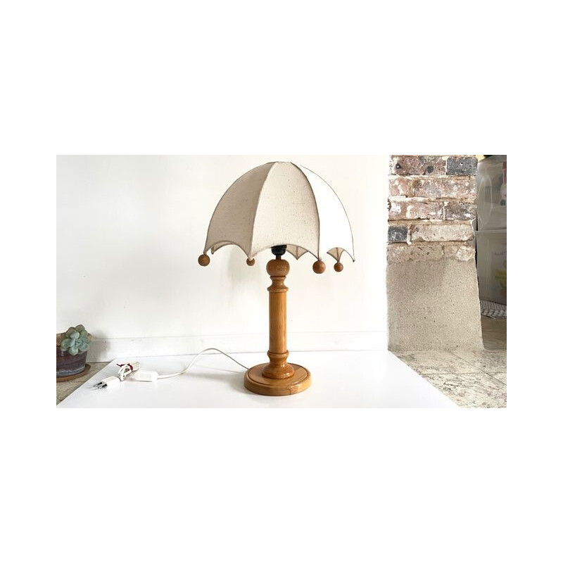 Vintage houten lamp met stoffen kap, 1970