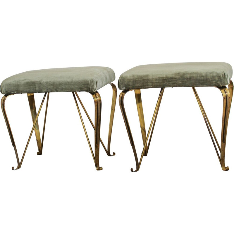 Pair of vintage brass and velvet benches by Jansen, Italy 1950s