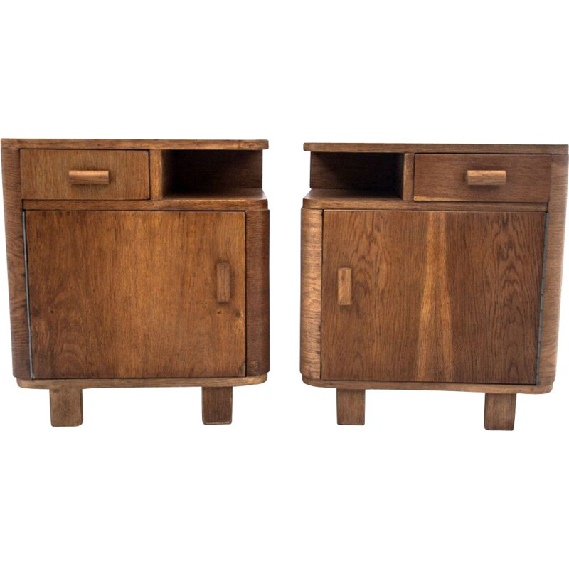 Pair of vintage Art Deco wood night stands, Poland 1950s