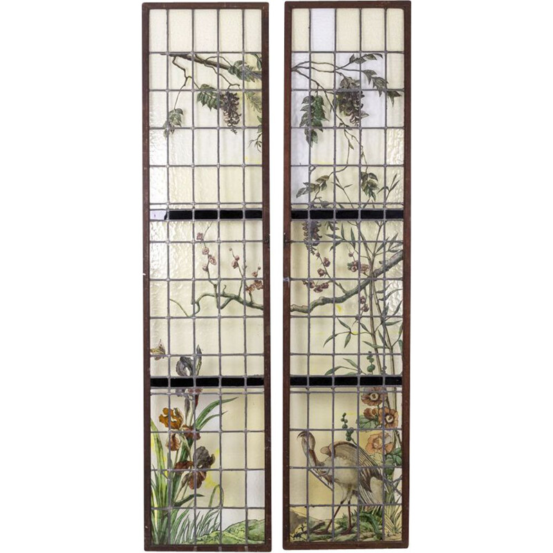 Pair of vintage stained glass windows by Geoffroy