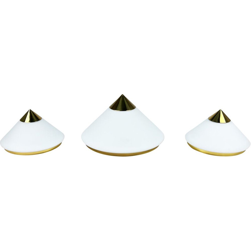 Set of 3 vintage Hollywood Regency brass and opaline glass wall lamps by Glashutte Limburg, 1970s