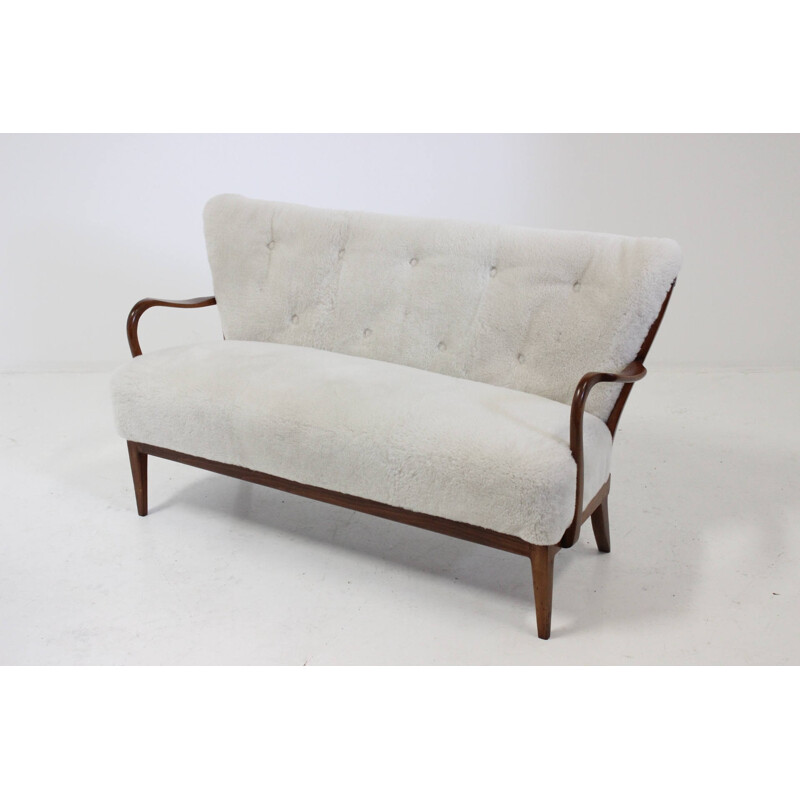 Danish sofa in sheepskin and beech - 1940s