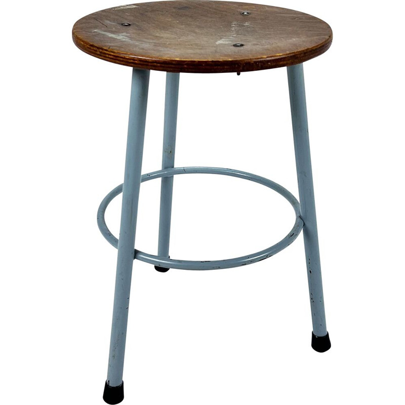 Vintage Dutch industrial steel and wood stool, 1960s