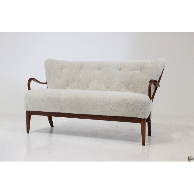 Danish sofa in sheepskin and beech - 1940s