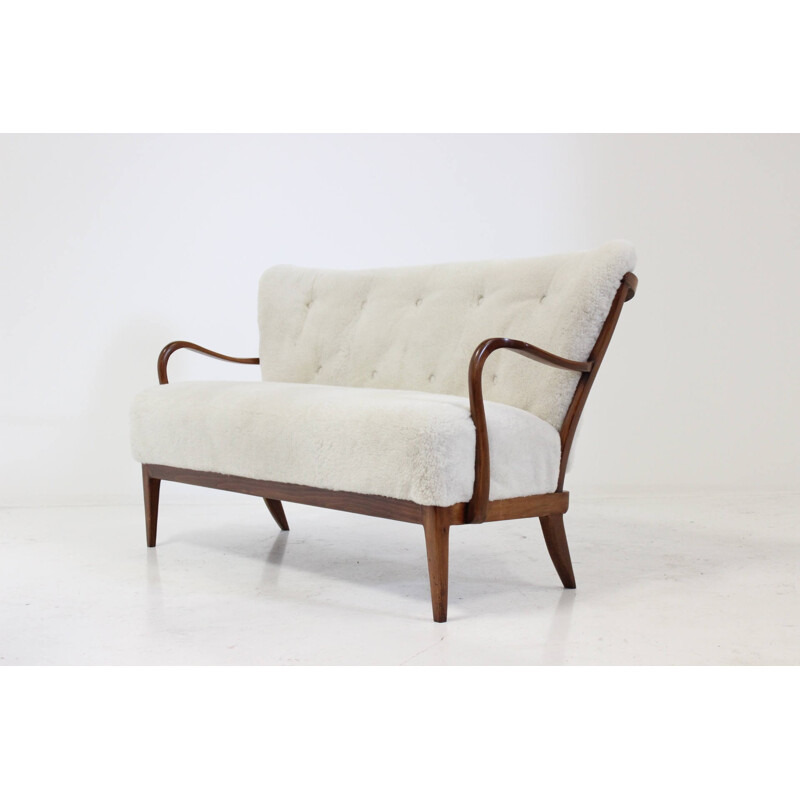 Danish sofa in sheepskin and beech - 1940s