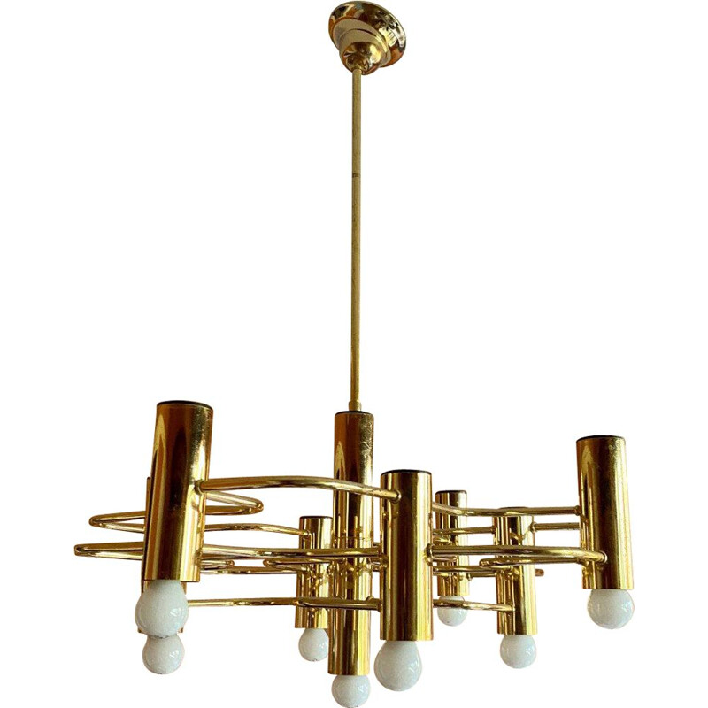 Vintage gilded brass chandelier by Gaetano Sciolari, Italy 1960s