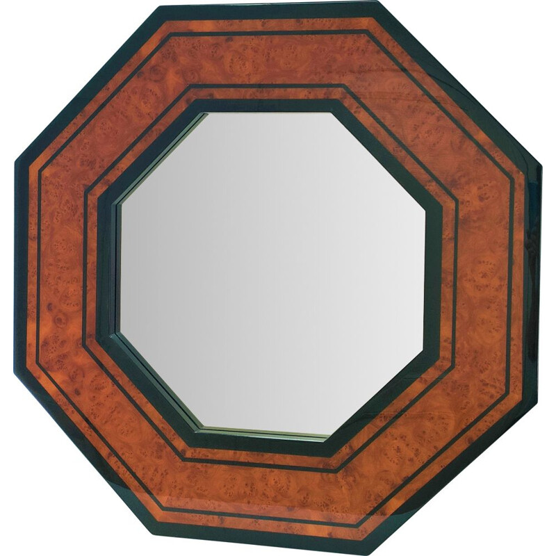 Miroir octogonal vintage en bois par Jean-Claude Mahey, 1970