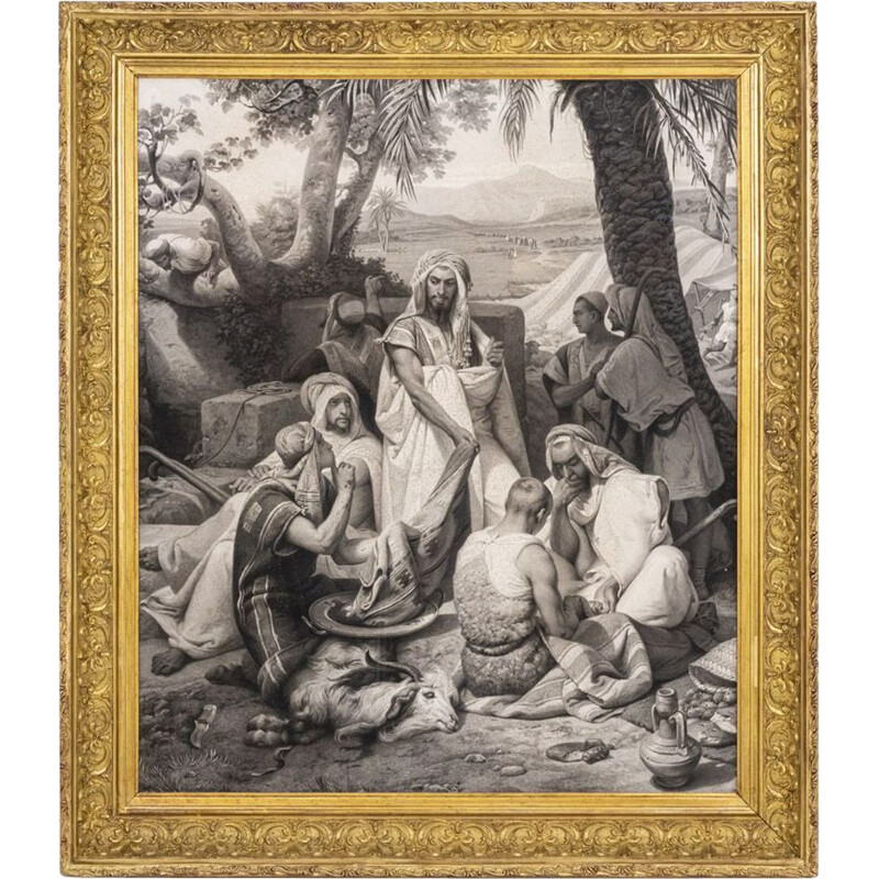 Vintage engraving "La halte" with gilded stucco frame by Horace Vernet, 1830s