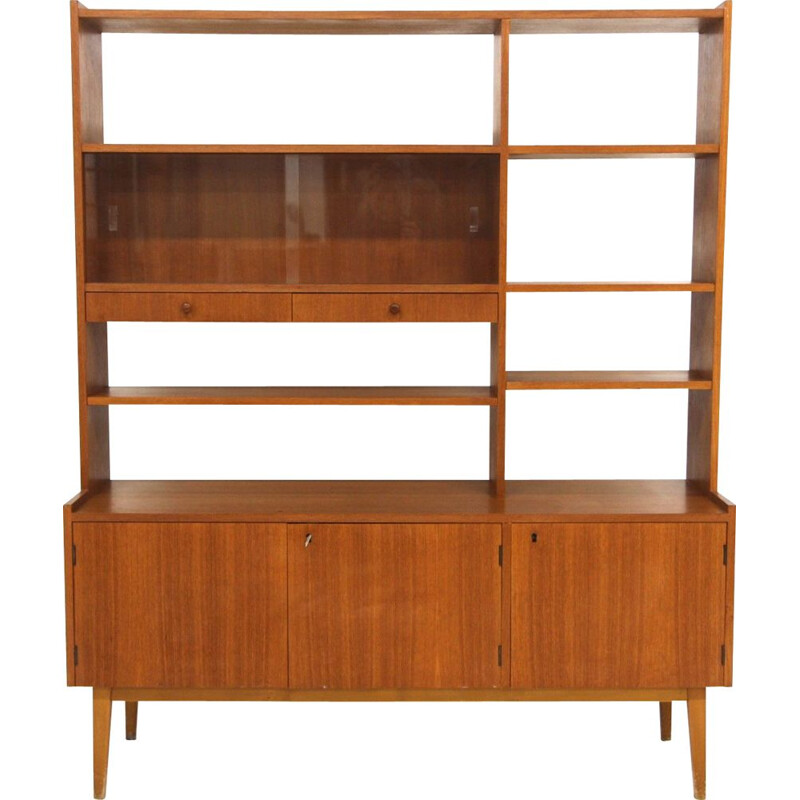 Vintage teak bookcase with sliding glass doors, Sweden 1960