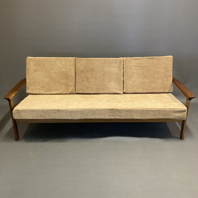 Skandinavisches 3-Sitzer-Sofa im Vintage-Stil aus Teakholz und Samt, 1950