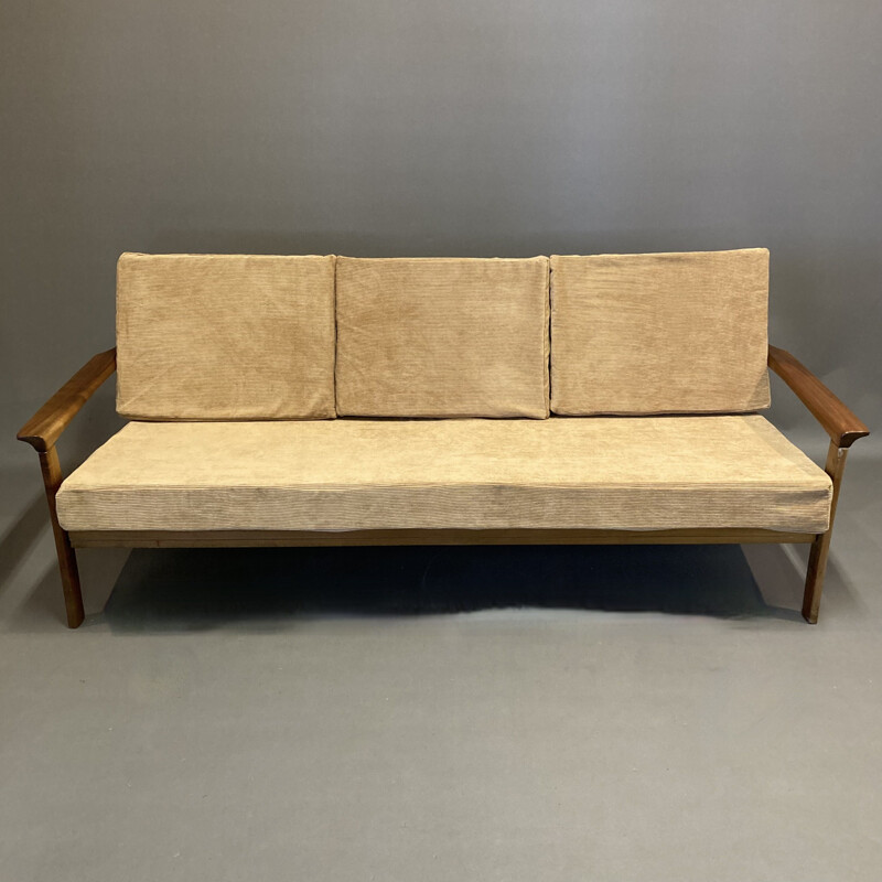 Scandinavian vintage teak and velvet 3-seater sofa, 1950s