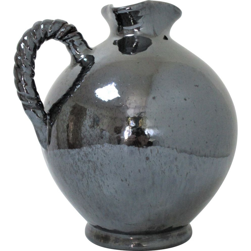 Vintage ceramic pitcher with black pearl glaze by Reinhold Rieckmann